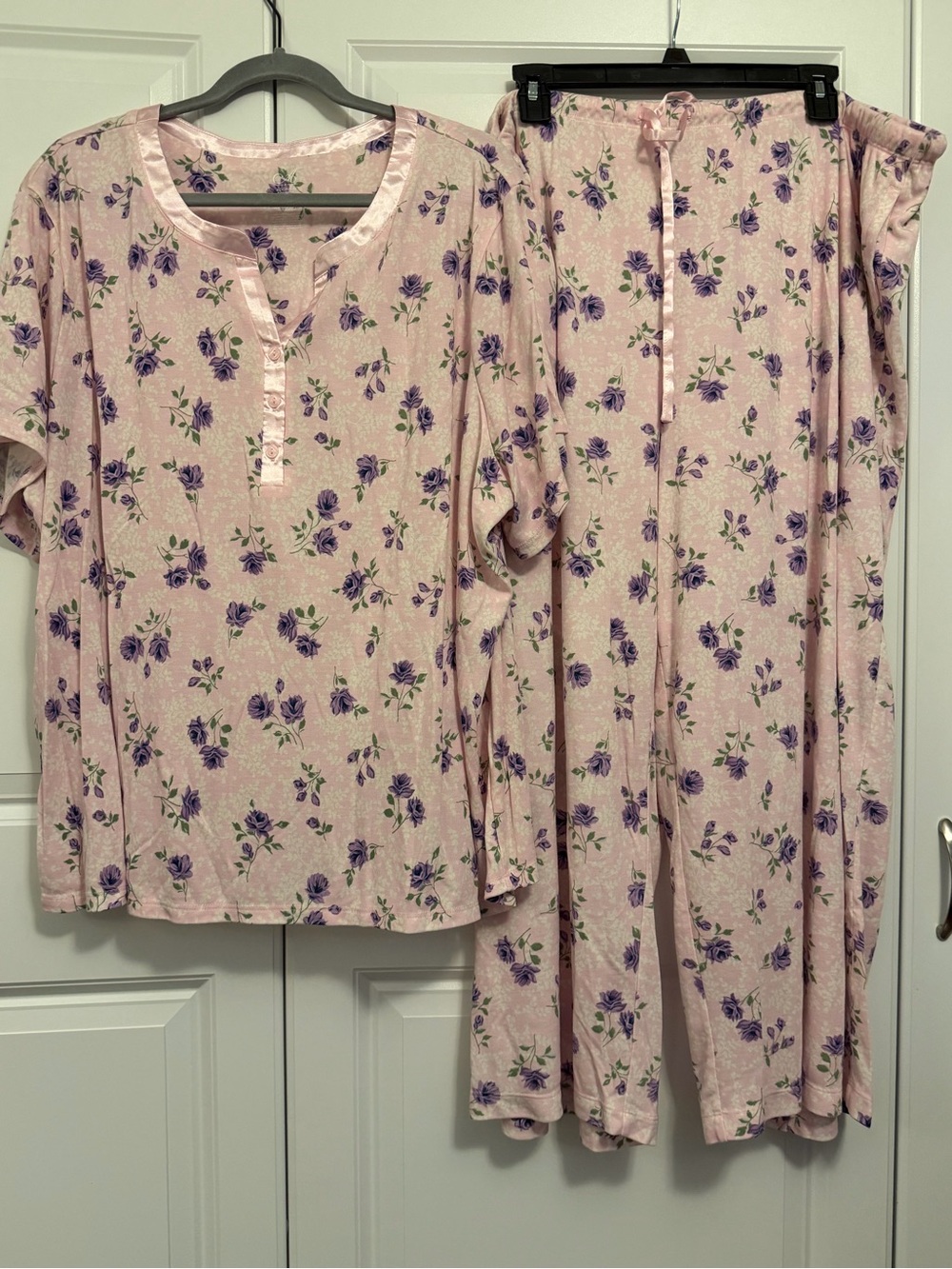 Adonna Pink Floral Knit Pajama Set with Purple Rose Print and satin trim